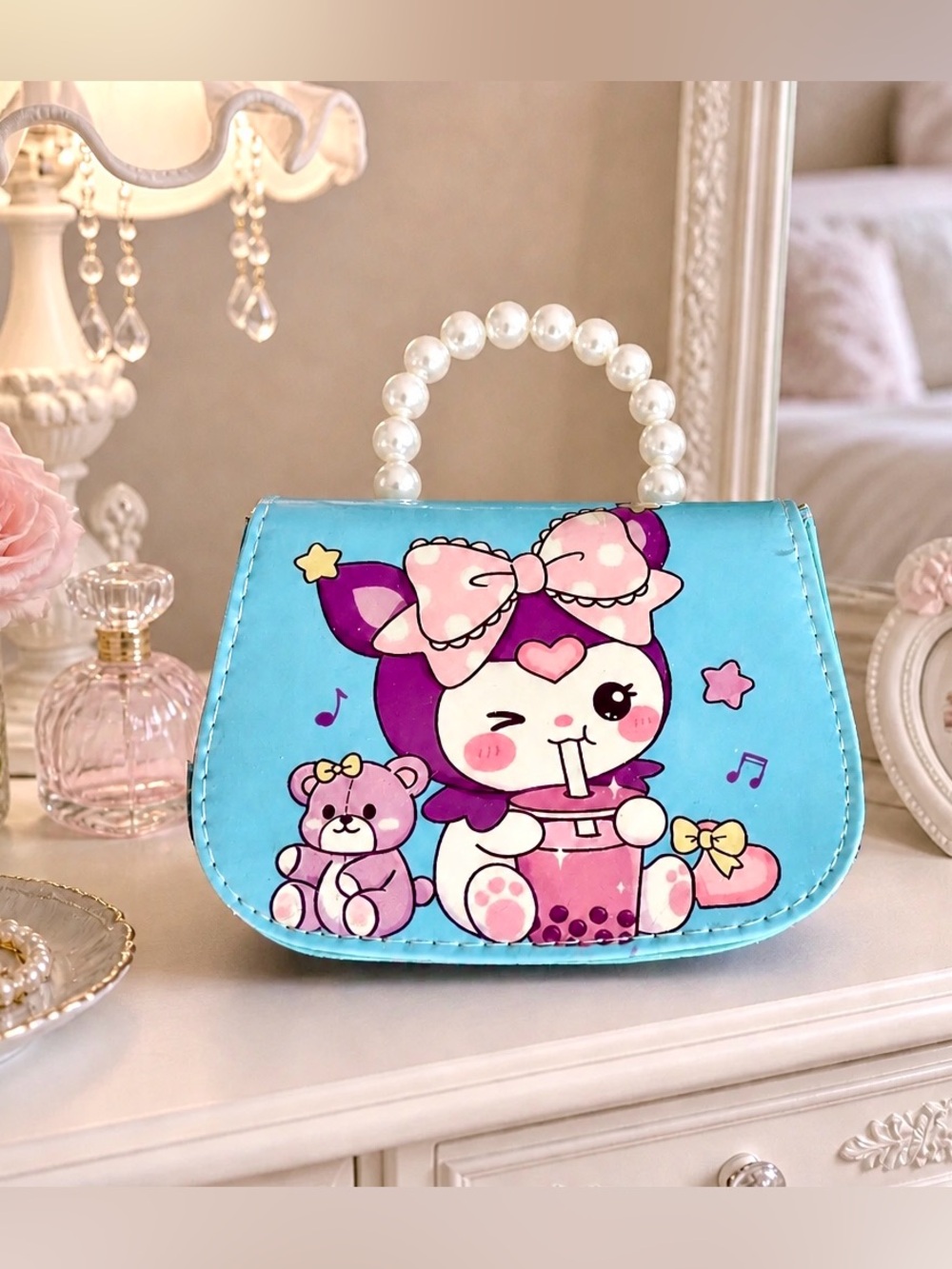 Kuromi Cute Pearl-Handle Purse - Light Blue & Purple. Mini bag